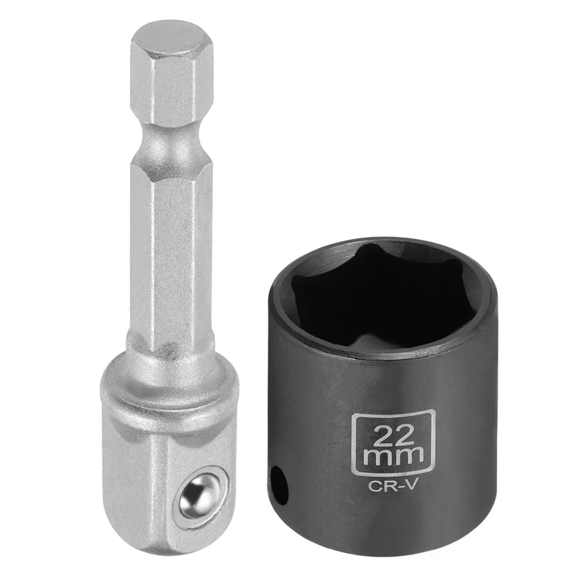3/8" 6-Point Impact Socket, 22mm Socket 30mm l with 1/4" Hex Shank Adapter