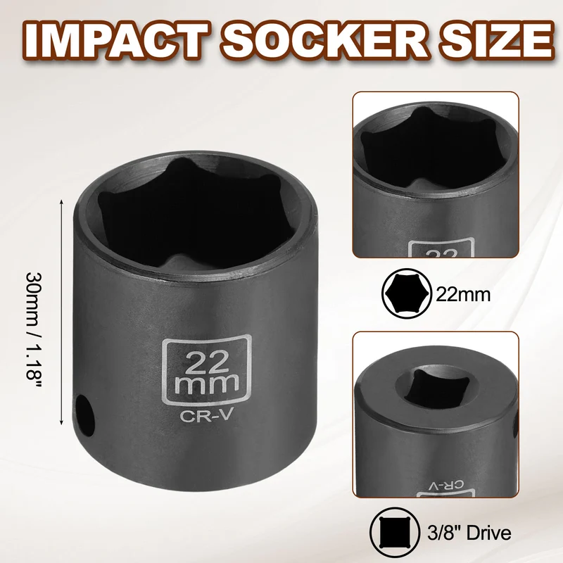 3/8" 6-Point Impact Socket, 22mm Socket 30mm l with 1/4" Hex Shank Adapter