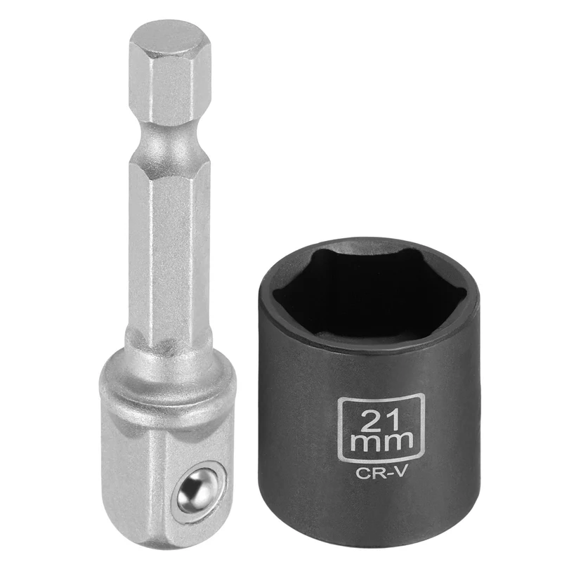 3/8" 6-Point Impact Socket, 21mm Socket 30mm l with 1/4" Hex Shank Adapter
