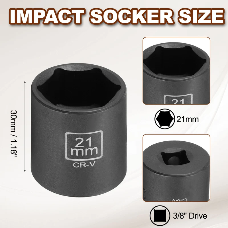 3/8" 6-Point Impact Socket, 21mm Socket 30mm l with 1/4" Hex Shank Adapter