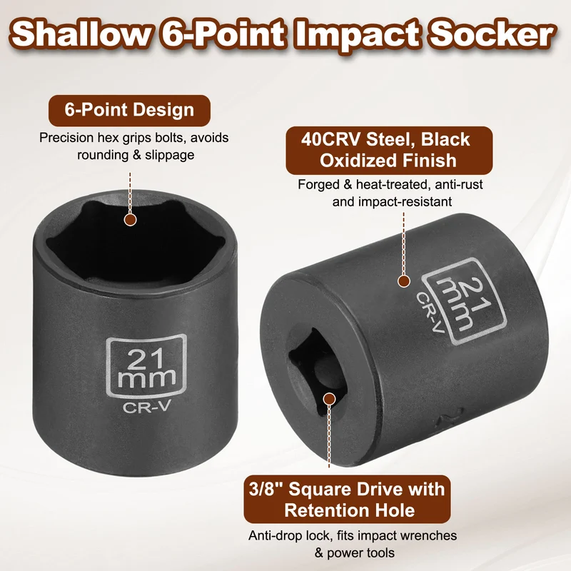 3/8" 6-Point Impact Socket, 21mm Socket 30mm l with 1/4" Hex Shank Adapter