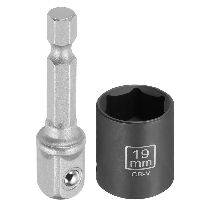 3/8" 6-Point Impact Socket, 19mm Socket 30mm l with 1/4" Hex Shank Adapter