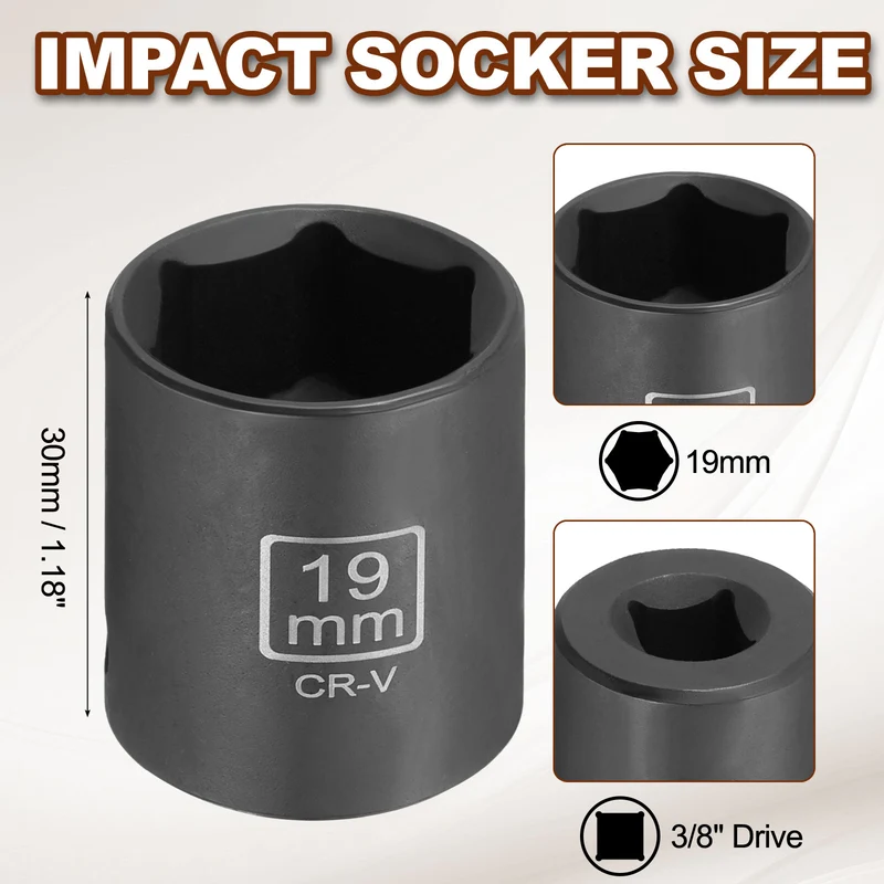 3/8" 6-Point Impact Socket, 19mm Socket 30mm l with 1/4" Hex Shank Adapter