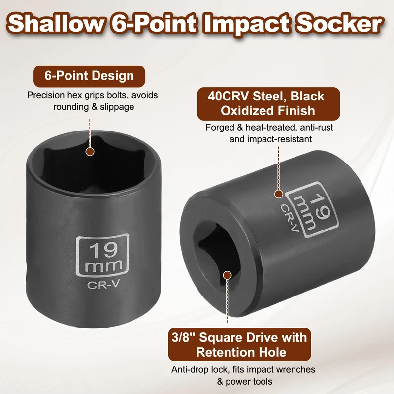 3/8" 6-Point Impact Socket, 19mm Socket 30mm l with 1/4" Hex Shank Adapter
