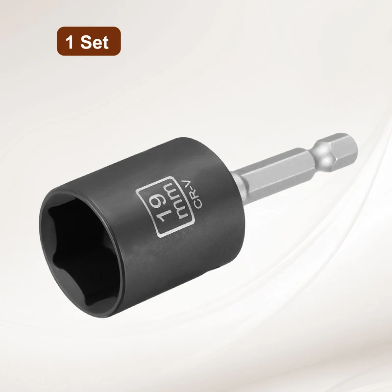 3/8" 6-Point Impact Socket, 19mm Socket 30mm l with 1/4" Hex Shank Adapter