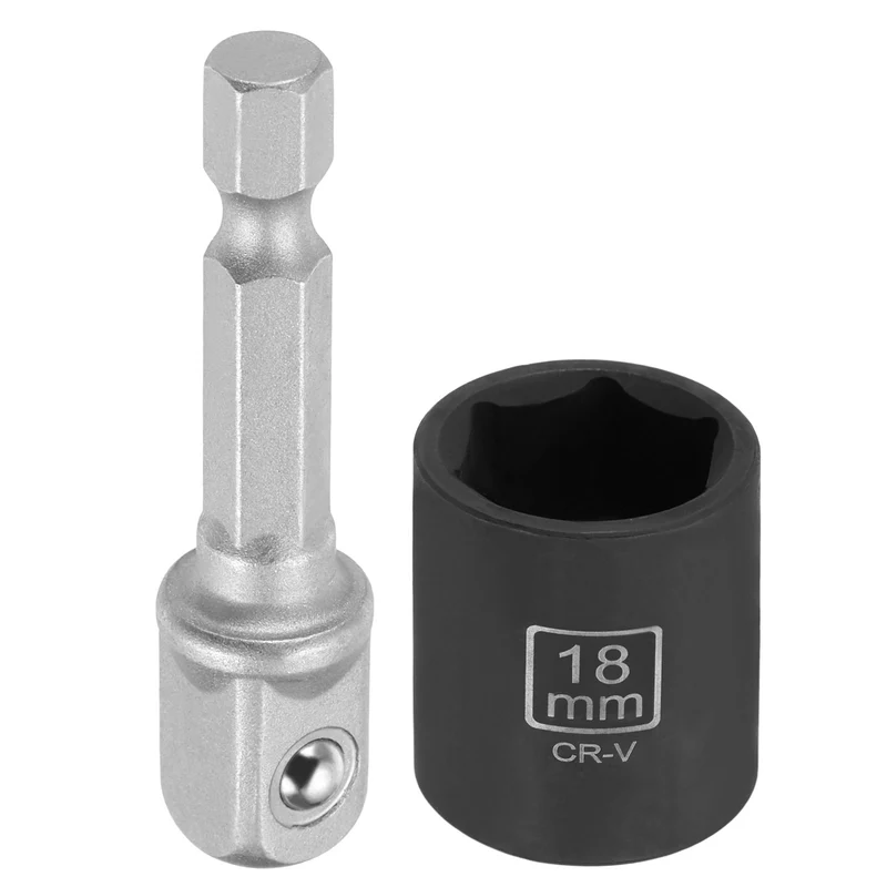 3/8" 6-Point Impact Socket, 18mm Socket 30mm l with 1/4" Hex Shank Adapter