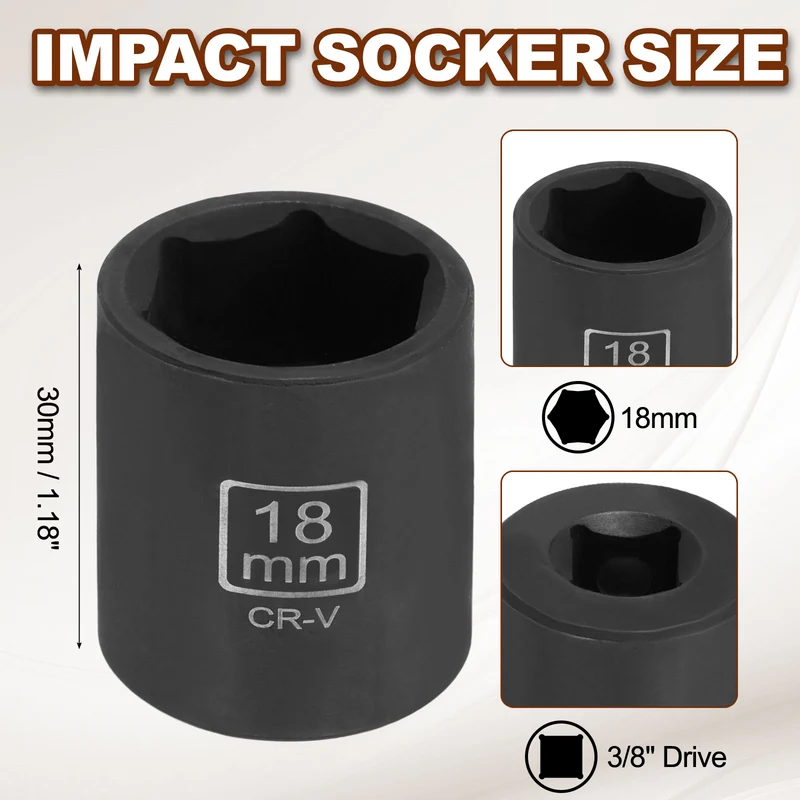 3/8" 6-Point Impact Socket, 18mm Socket 30mm l with 1/4" Hex Shank Adapter