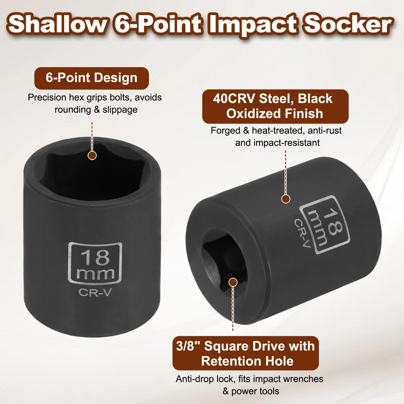 3/8" 6-Point Impact Socket, 18mm Socket 30mm l with 1/4" Hex Shank Adapter