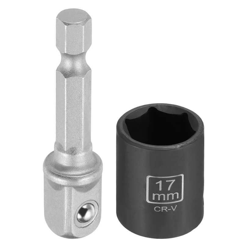 3/8" 6-Point Impact Socket, 17mm Socket 30mm l with 1/4" Hex Shank Adapter