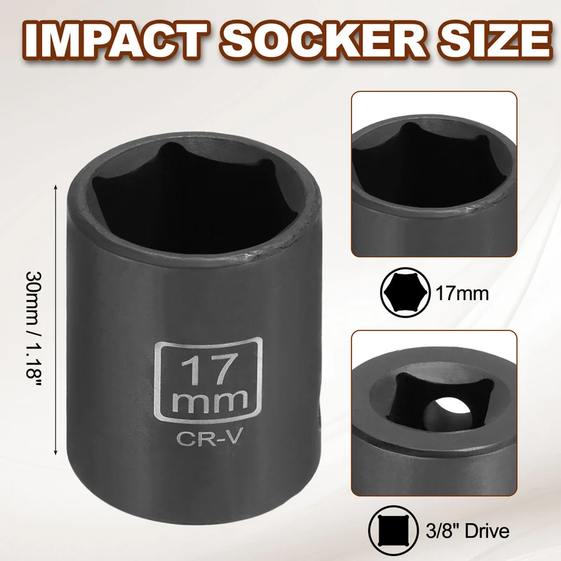 3/8" 6-Point Impact Socket, 17mm Socket 30mm l with 1/4" Hex Shank Adapter
