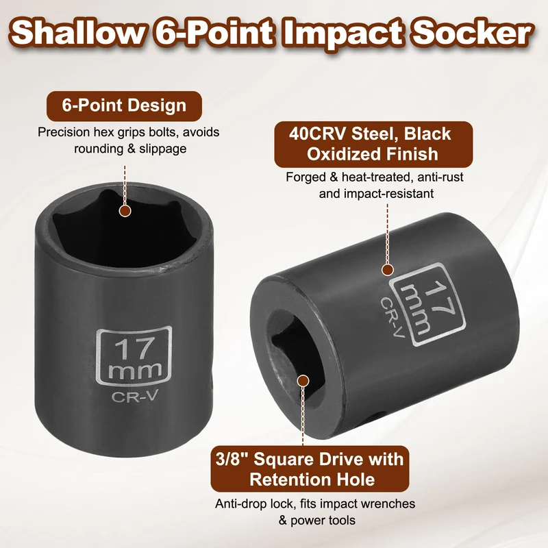 3/8" 6-Point Impact Socket, 17mm Socket 30mm l with 1/4" Hex Shank Adapter
