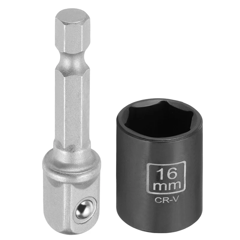 3/8" 6-Point Impact Socket, 16mm Socket 30mm l with 1/4" Hex Shank Adapter