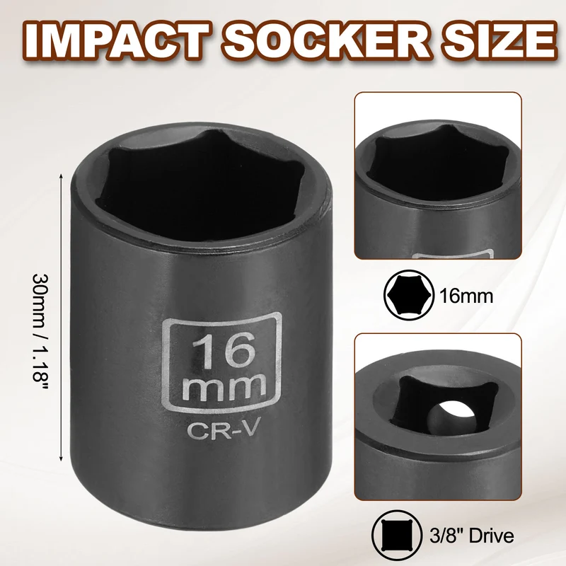 3/8" 6-Point Impact Socket, 16mm Socket 30mm l with 1/4" Hex Shank Adapter