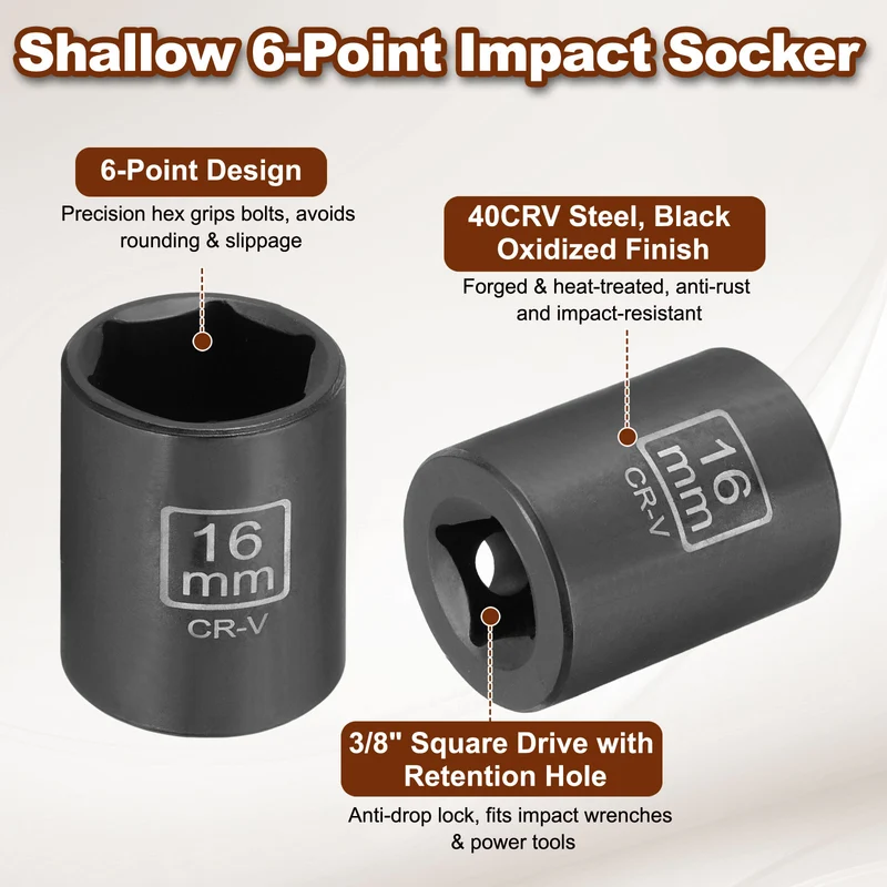 3/8" 6-Point Impact Socket, 16mm Socket 30mm l with 1/4" Hex Shank Adapter