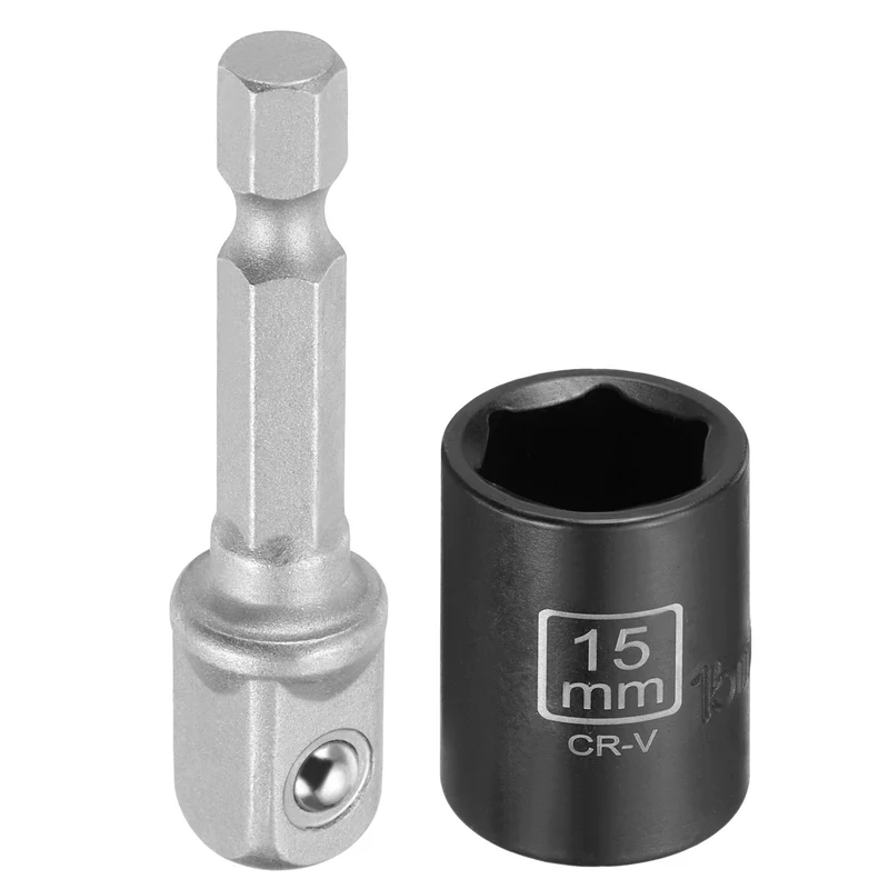3/8" 6-Point Impact Socket, 15mm Socket 30mm l with 1/4" Hex Shank Adapter