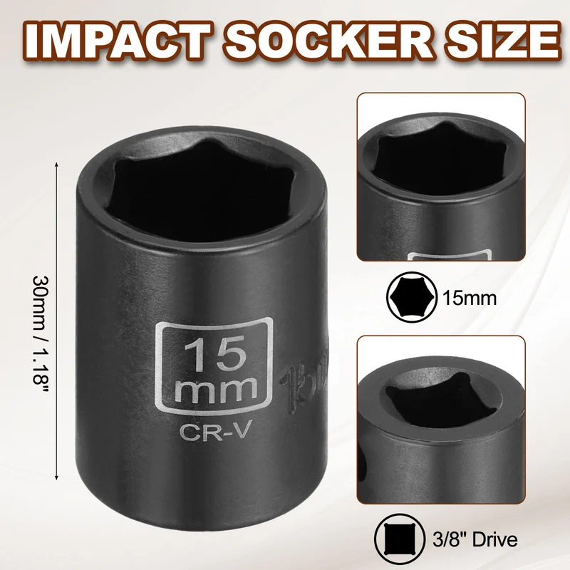 3/8" 6-Point Impact Socket, 15mm Socket 30mm l with 1/4" Hex Shank Adapter
