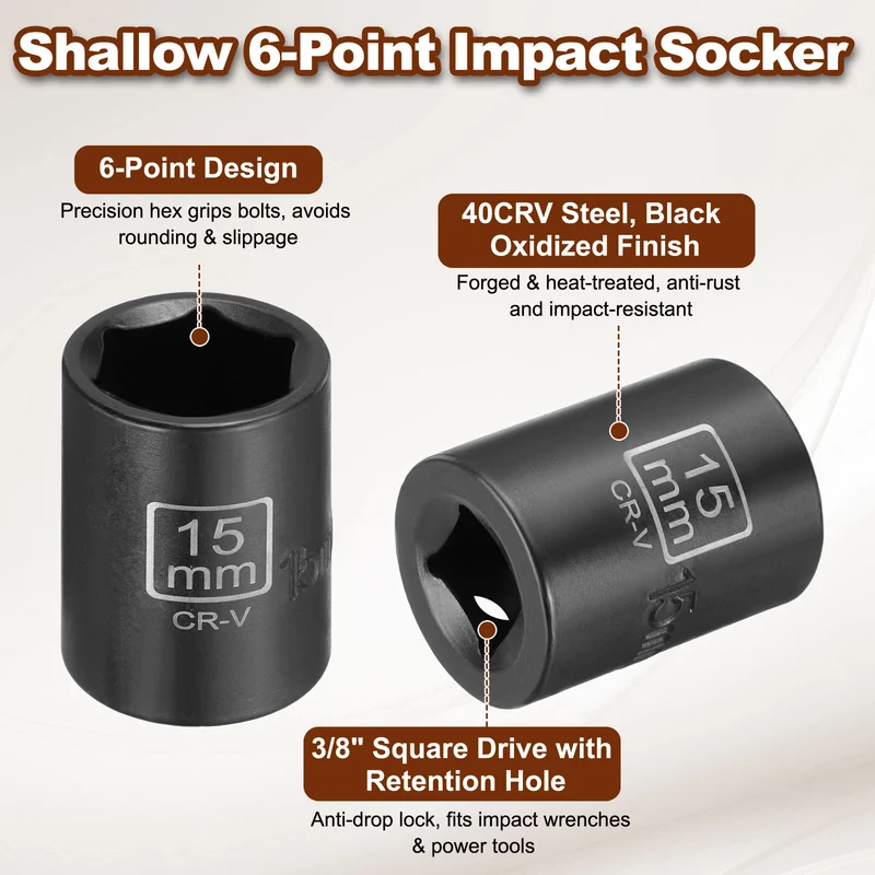 3/8" 6-Point Impact Socket, 15mm Socket 30mm l with 1/4" Hex Shank Adapter