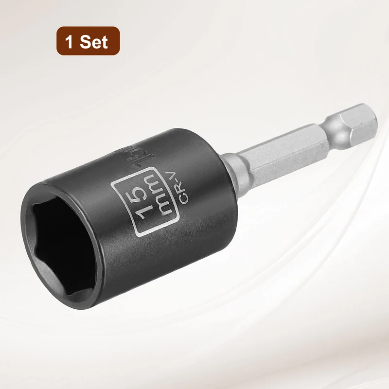 3/8" 6-Point Impact Socket, 15mm Socket 30mm l with 1/4" Hex Shank Adapter