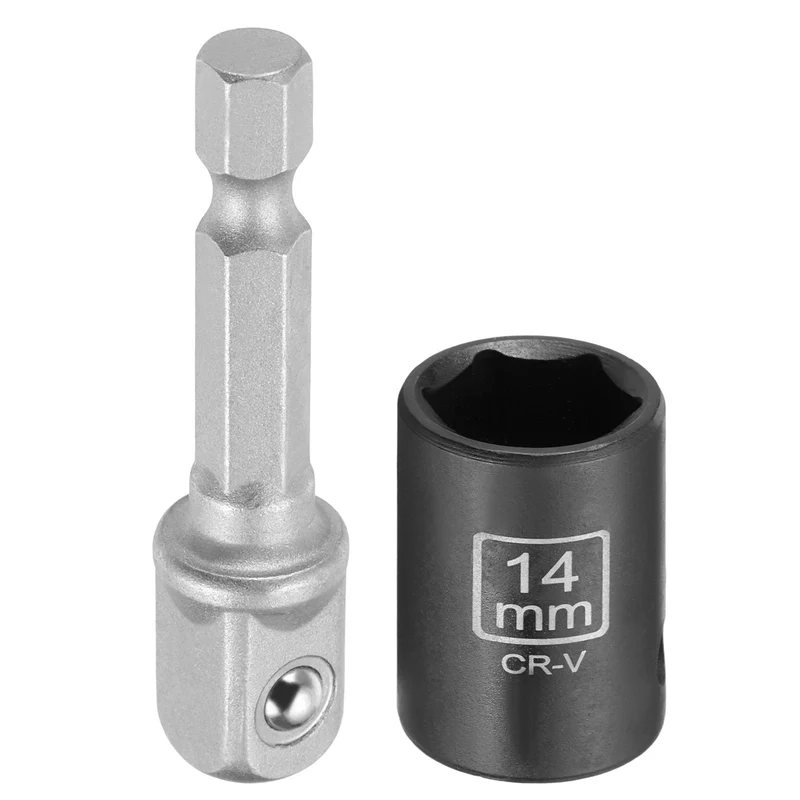 3/8" 6-Point Impact Socket, 14mm Socket 30mm l with 1/4" Hex Shank Adapter