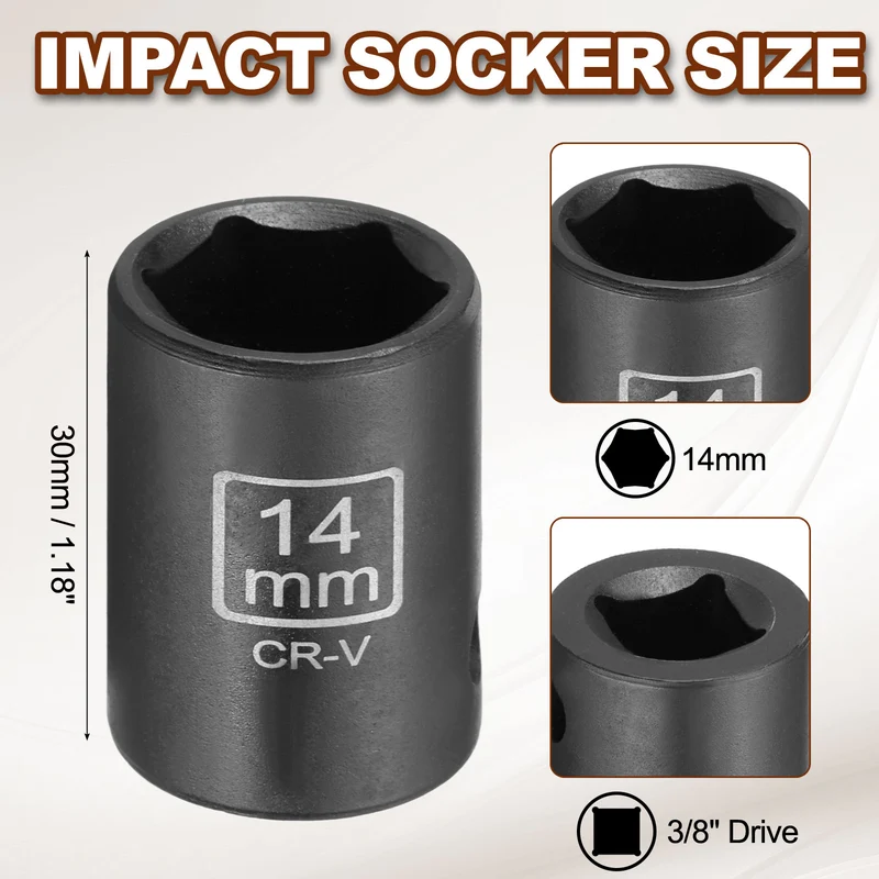 3/8" 6-Point Impact Socket, 14mm Socket 30mm l with 1/4" Hex Shank Adapter