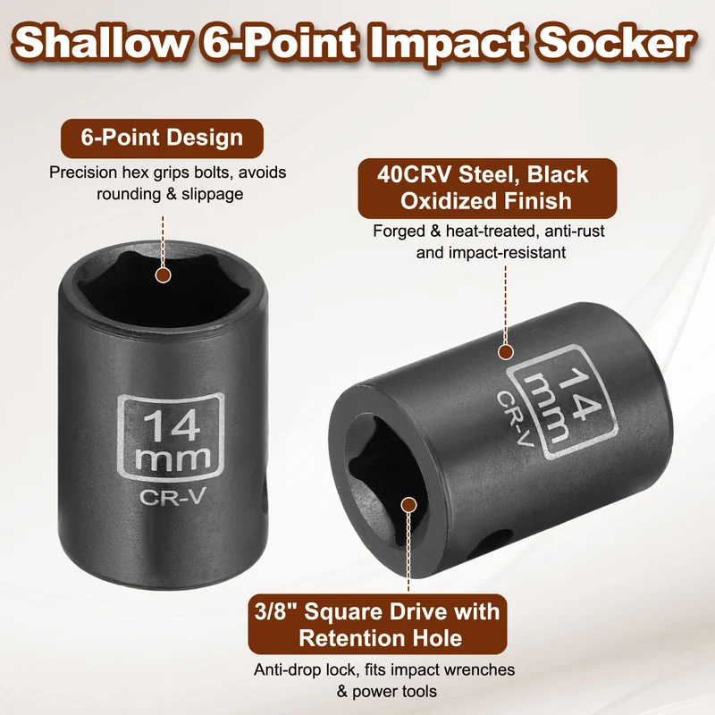 3/8" 6-Point Impact Socket, 14mm Socket 30mm l with 1/4" Hex Shank Adapter
