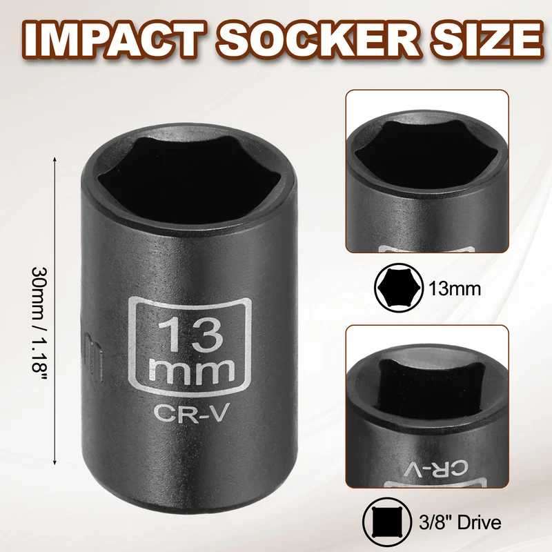 3/8" 6-Point Impact Socket, 13mm Socket 30mm l with 1/4" Hex Shank Adapter