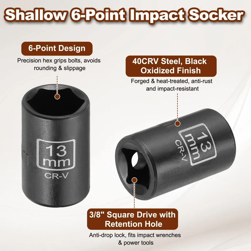 3/8" 6-Point Impact Socket, 13mm Socket 30mm l with 1/4" Hex Shank Adapter