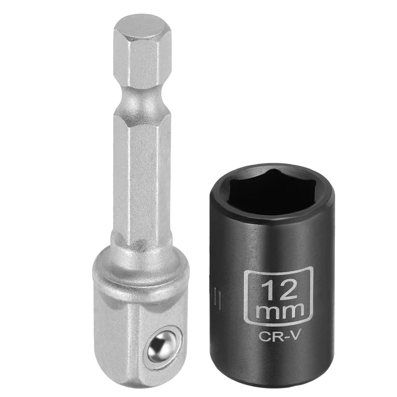 3/8" 6-Point Impact Socket, 12mm Socket 30mm l with 1/4" Hex Shank Adapter