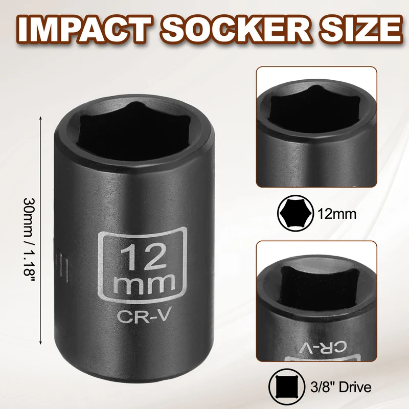 3/8" 6-Point Impact Socket, 12mm Socket 30mm l with 1/4" Hex Shank Adapter