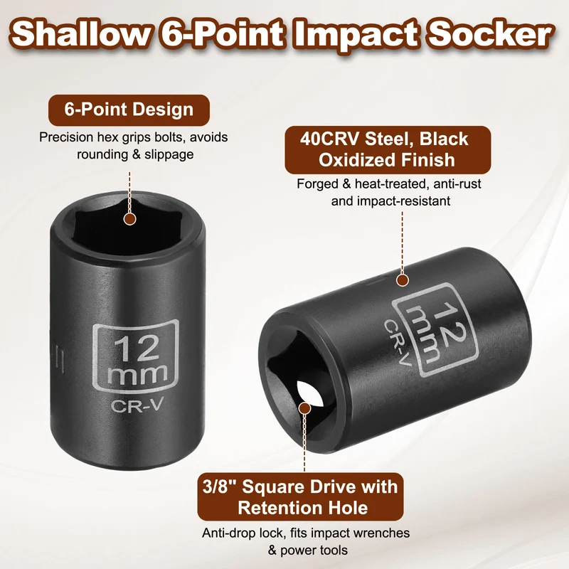 3/8" 6-Point Impact Socket, 12mm Socket 30mm l with 1/4" Hex Shank Adapter