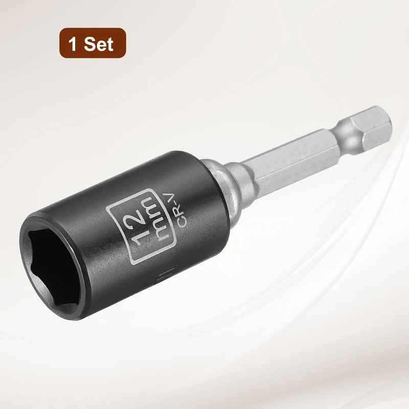 3/8" 6-Point Impact Socket, 12mm Socket 30mm l with 1/4" Hex Shank Adapter