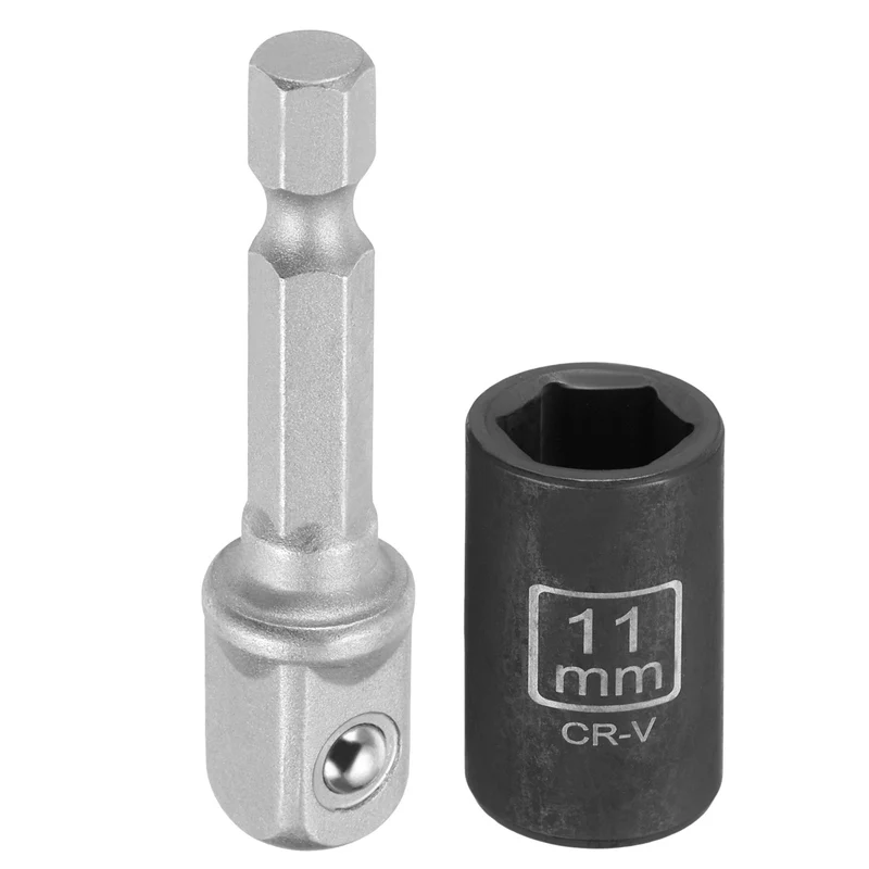 3/8" 6-Point Impact Socket, 11mm Socket 30mm l with 1/4" Hex Shank Adapter