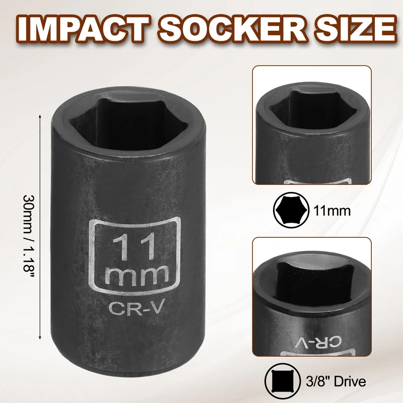 3/8" 6-Point Impact Socket, 11mm Socket 30mm l with 1/4" Hex Shank Adapter