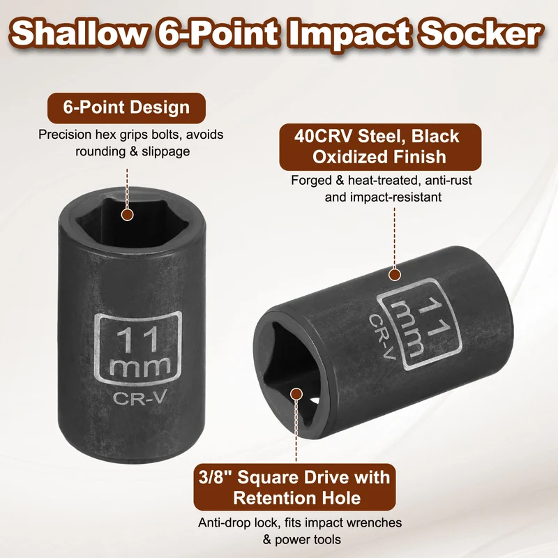 3/8" 6-Point Impact Socket, 11mm Socket 30mm l with 1/4" Hex Shank Adapter