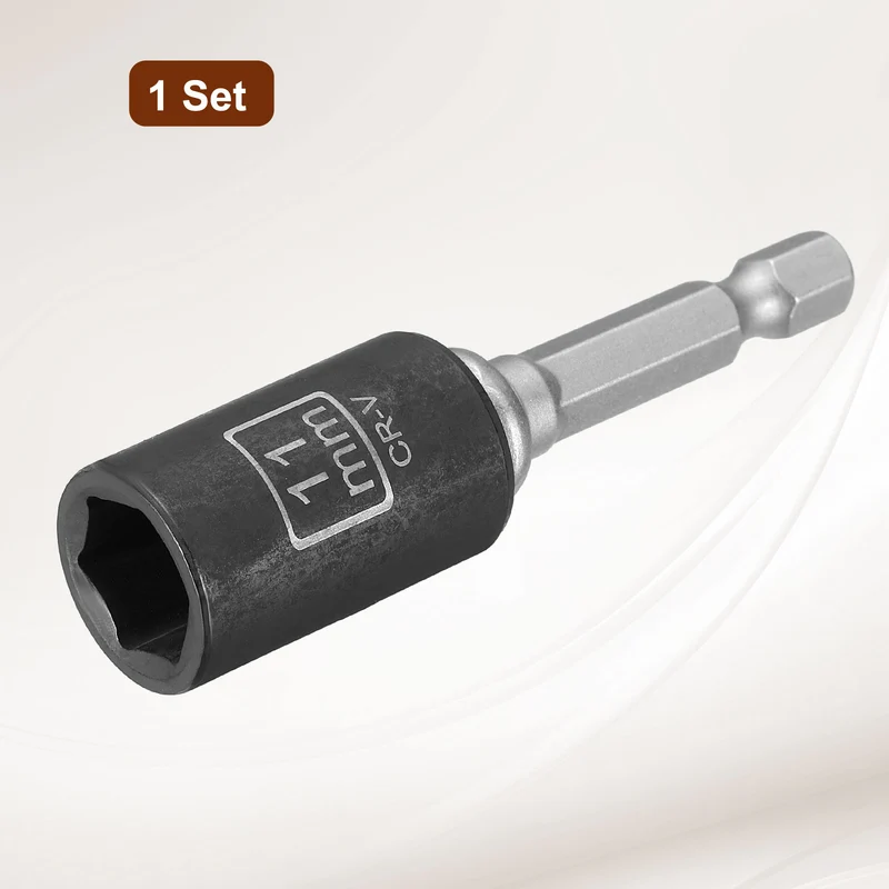 3/8" 6-Point Impact Socket, 11mm Socket 30mm l with 1/4" Hex Shank Adapter