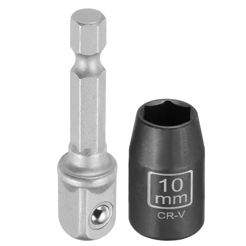 3/8" 6-Point Impact Socket, 10mm Socket 30mm l with 1/4" Hex Shank Adapter