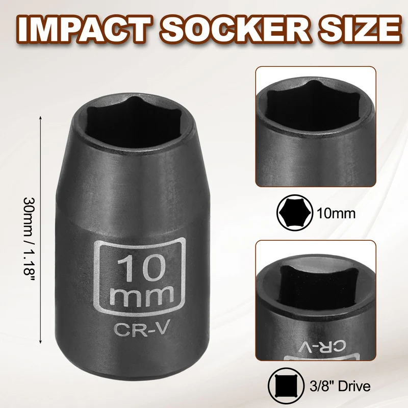 3/8" 6-Point Impact Socket, 10mm Socket 30mm l with 1/4" Hex Shank Adapter