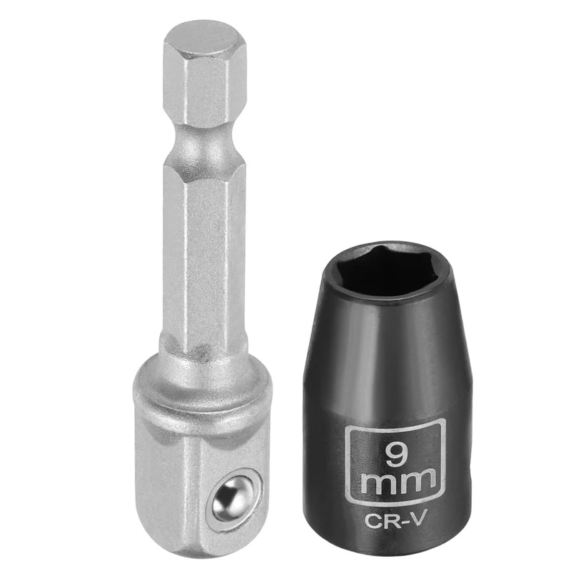 3/8" 6-Point Impact Socket, 9mm Socket 30mm l with 1/4" Hex Shank Adapter