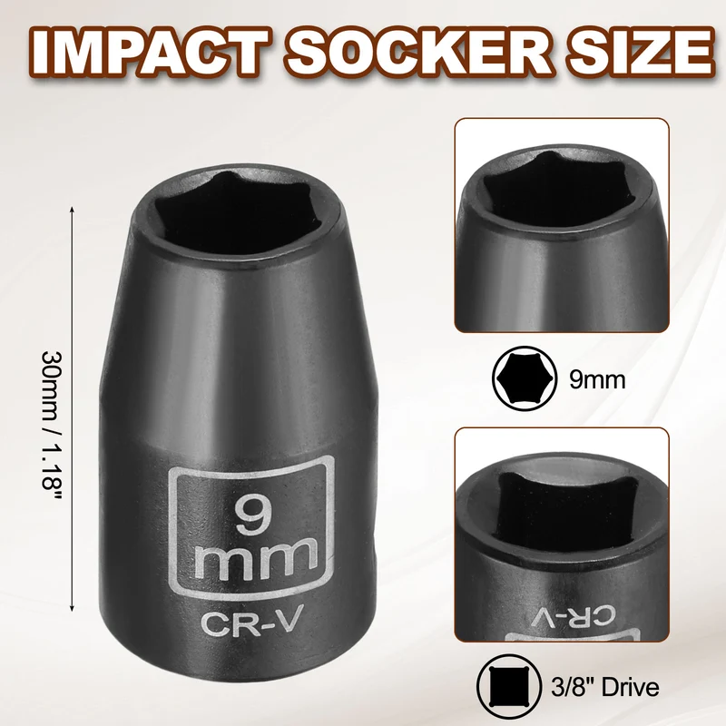 3/8" 6-Point Impact Socket, 9mm Socket 30mm l with 1/4" Hex Shank Adapter