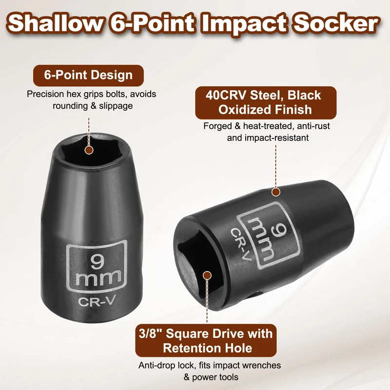 3/8" 6-Point Impact Socket, 9mm Socket 30mm l with 1/4" Hex Shank Adapter