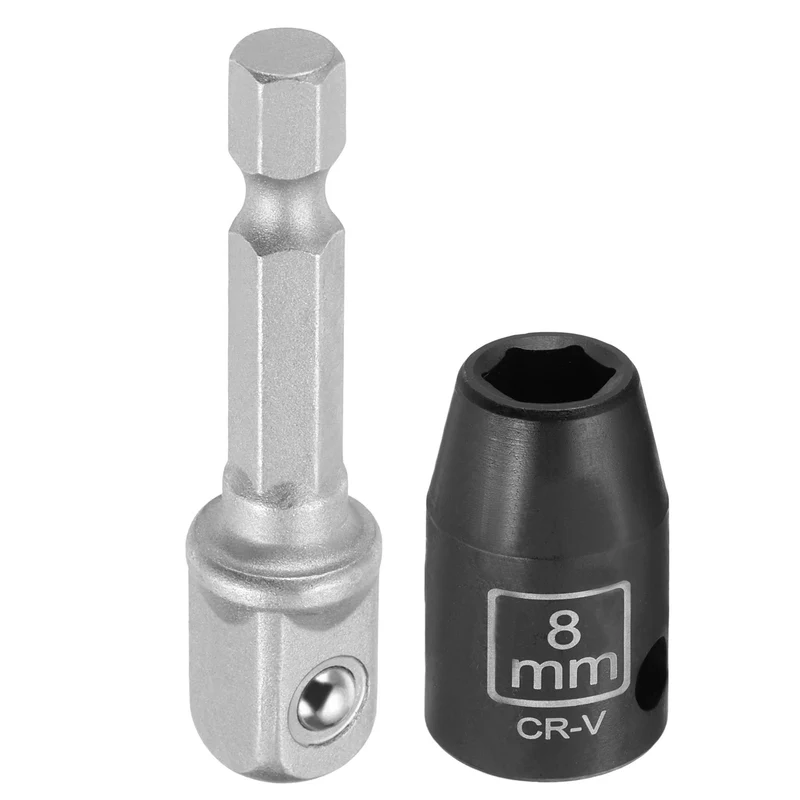3/8" 6-Point Impact Socket, 8mm Socket 30mm l with 1/4" Hex Shank Adapter