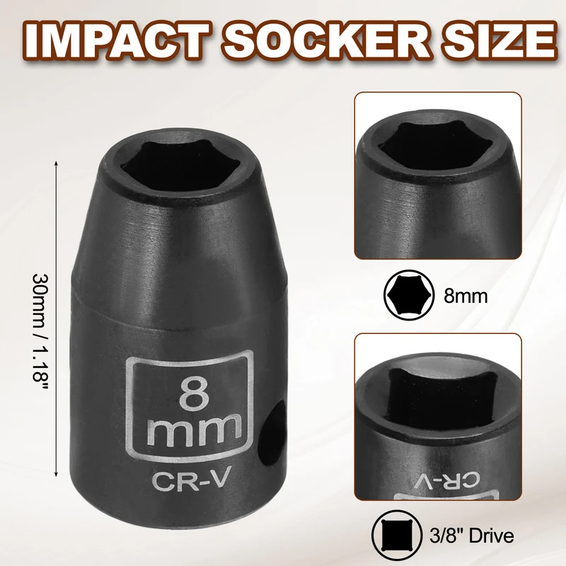 3/8" 6-Point Impact Socket, 8mm Socket 30mm l with 1/4" Hex Shank Adapter