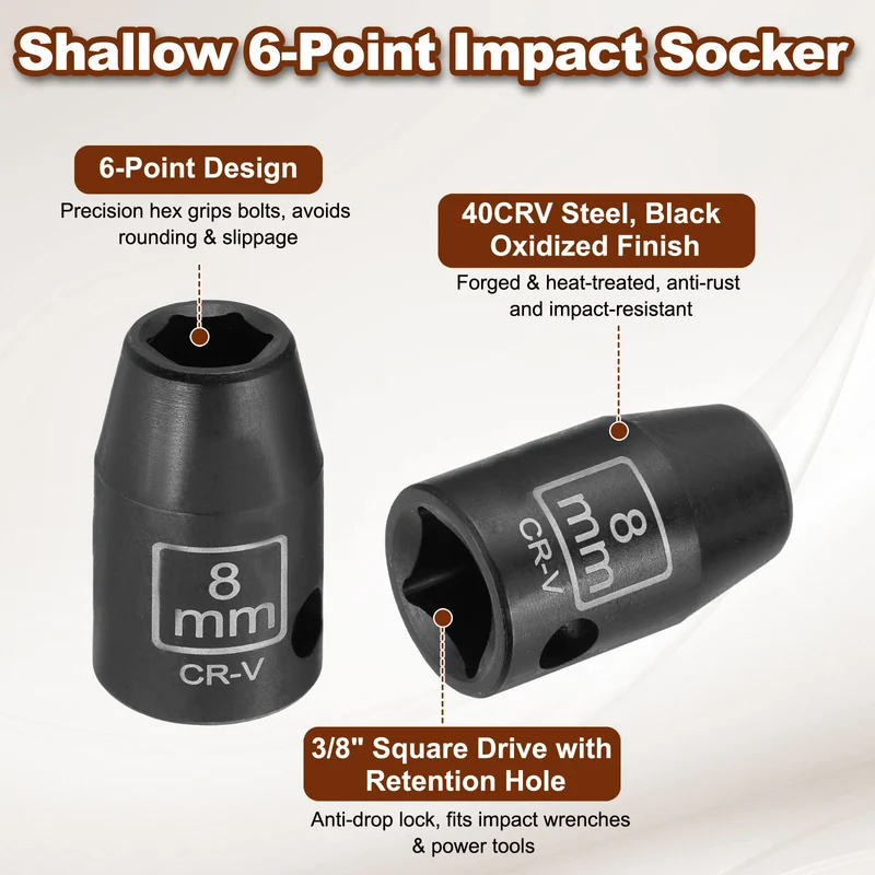 3/8" 6-Point Impact Socket, 8mm Socket 30mm l with 1/4" Hex Shank Adapter