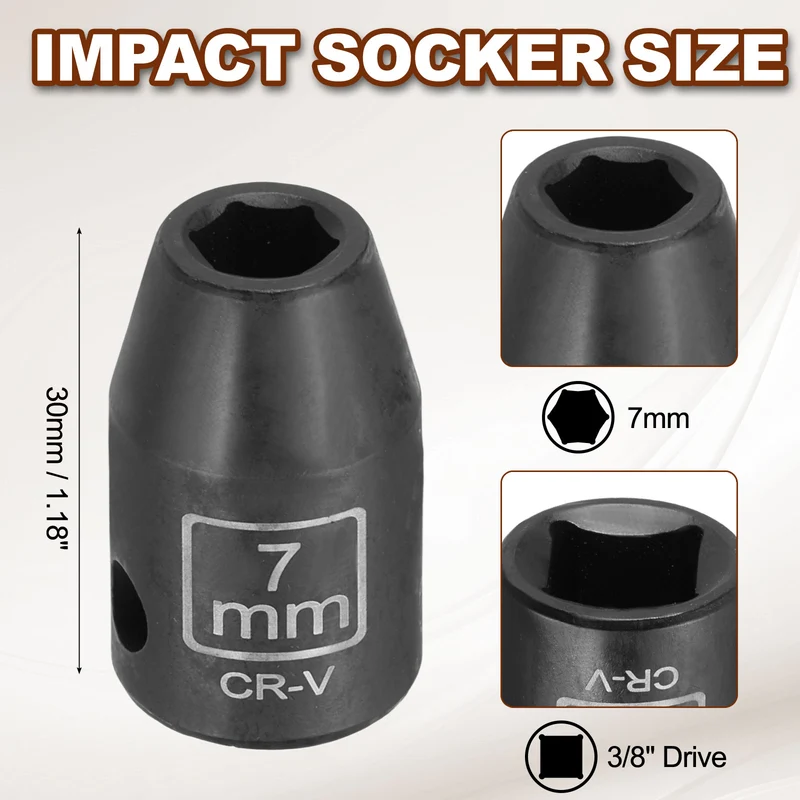 3/8" 6-Point Impact Socket, 7mm Socket 30mm l with 1/4" Hex Shank Adapter