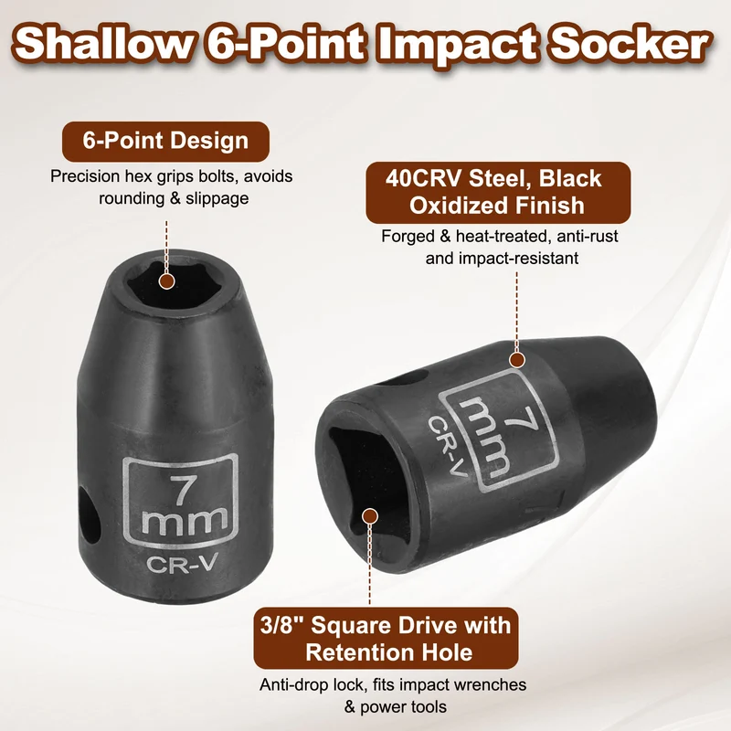 3/8" 6-Point Impact Socket, 7mm Socket 30mm l with 1/4" Hex Shank Adapter