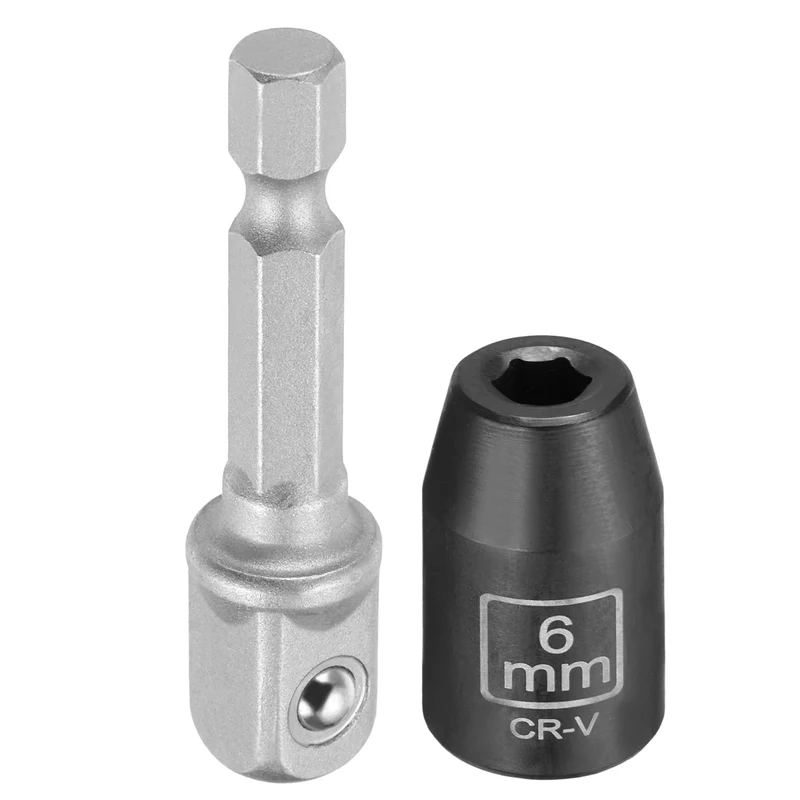 3/8" 6-Point Impact Socket, 6mm Socket 30mm l with 1/4" Hex Shank Adapter