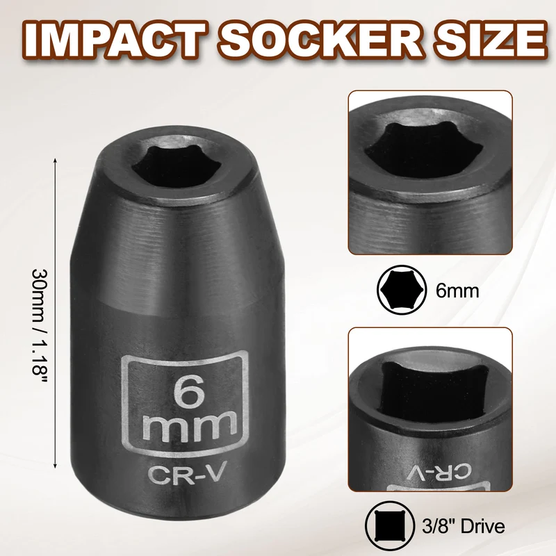 3/8" 6-Point Impact Socket, 6mm Socket 30mm l with 1/4" Hex Shank Adapter