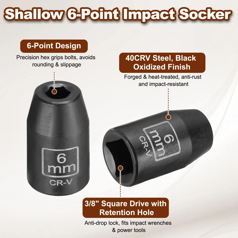 3/8" 6-Point Impact Socket, 6mm Socket 30mm l with 1/4" Hex Shank Adapter
