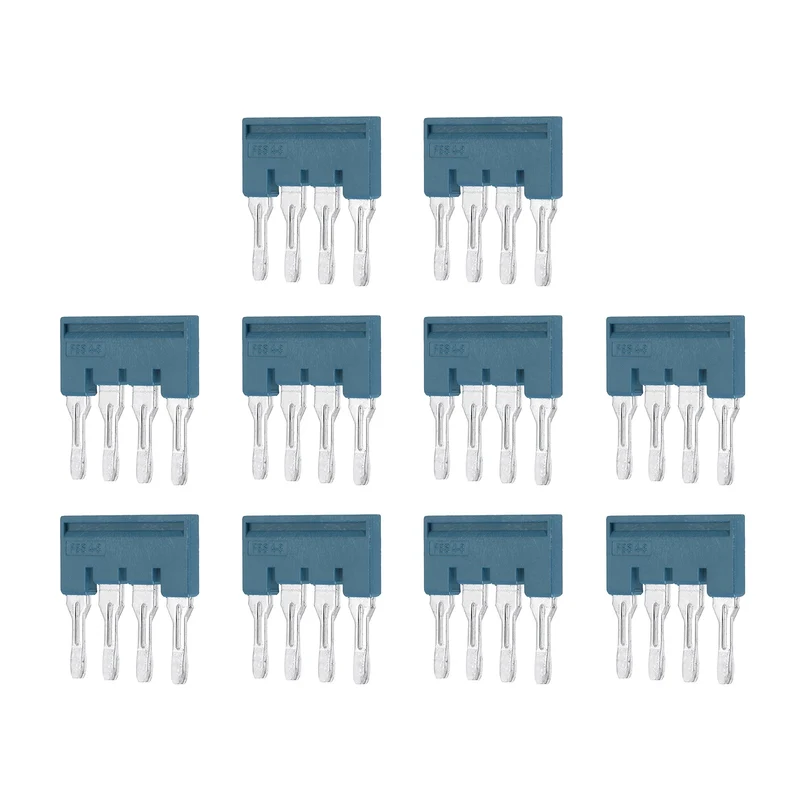 10Pcs FBS4-8 DIN Rail Terminal Block, 4 Position Press-Fit Jumper, Blue