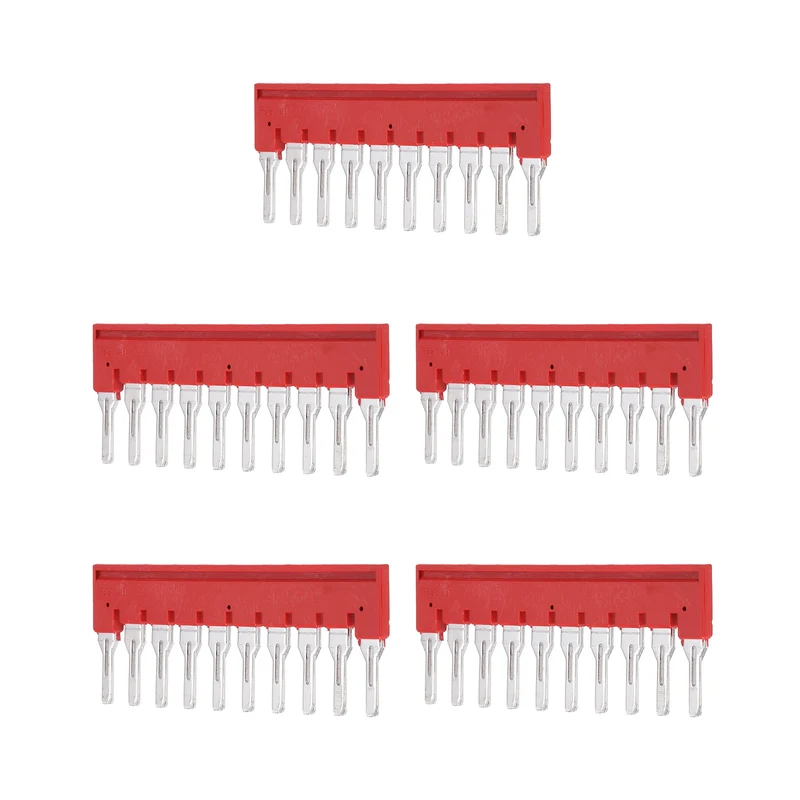5Pcs FBS10-8 DIN Rail Terminal Block, 10 Position Press-Fit Jumper, Red